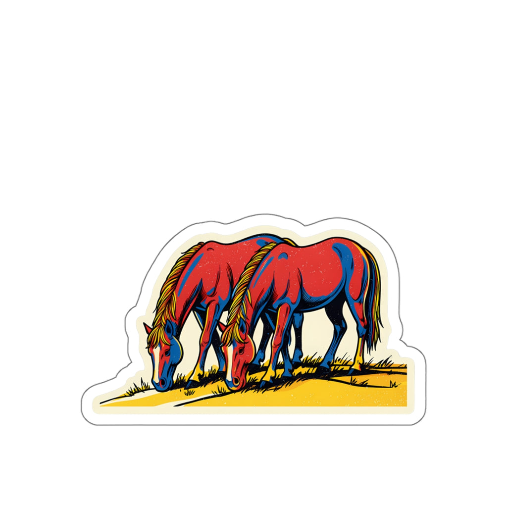 Die-Cut Wild Horse Sticker — Retro Red Grazing Horses Vinyl Decal