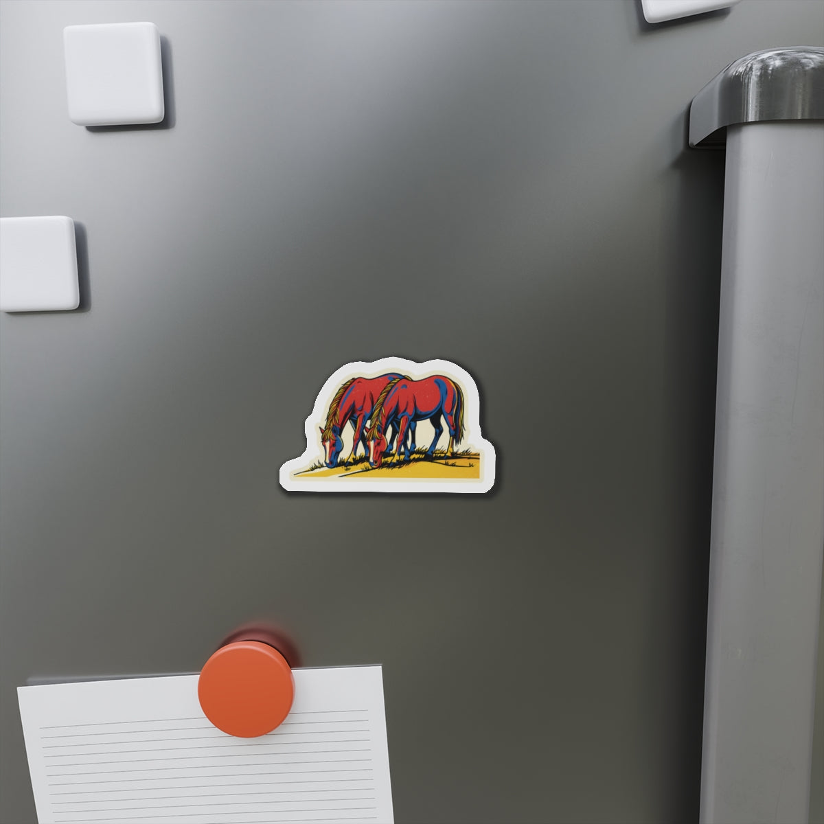Wild Grazing Horses Die-Cut Magnet — Vintage Red Horse Refrigerator Magnet