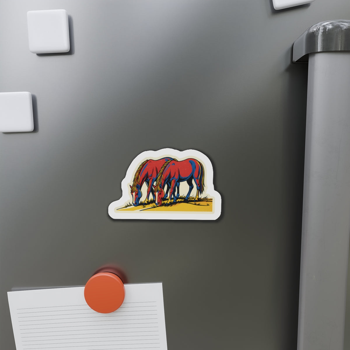 Wild Grazing Horses Die-Cut Magnet — Vintage Red Horse Refrigerator Magnet
