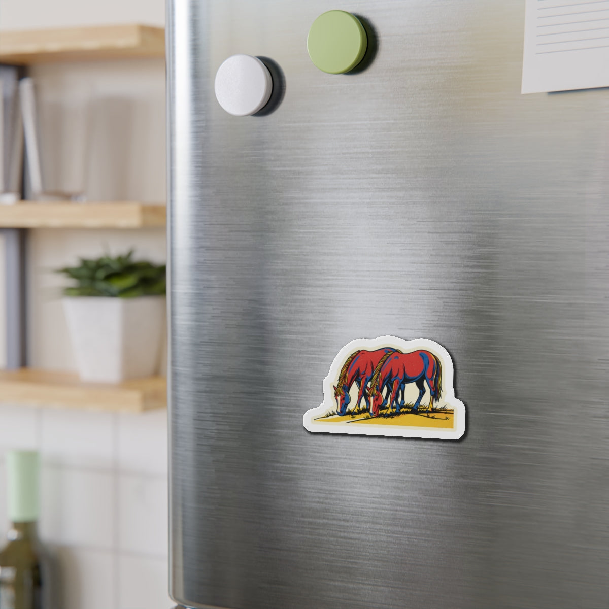 Wild Grazing Horses Die-Cut Magnet — Vintage Red Horse Refrigerator Magnet