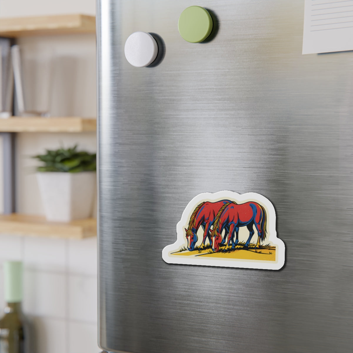 Wild Grazing Horses Die-Cut Magnet — Vintage Red Horse Refrigerator Magnet