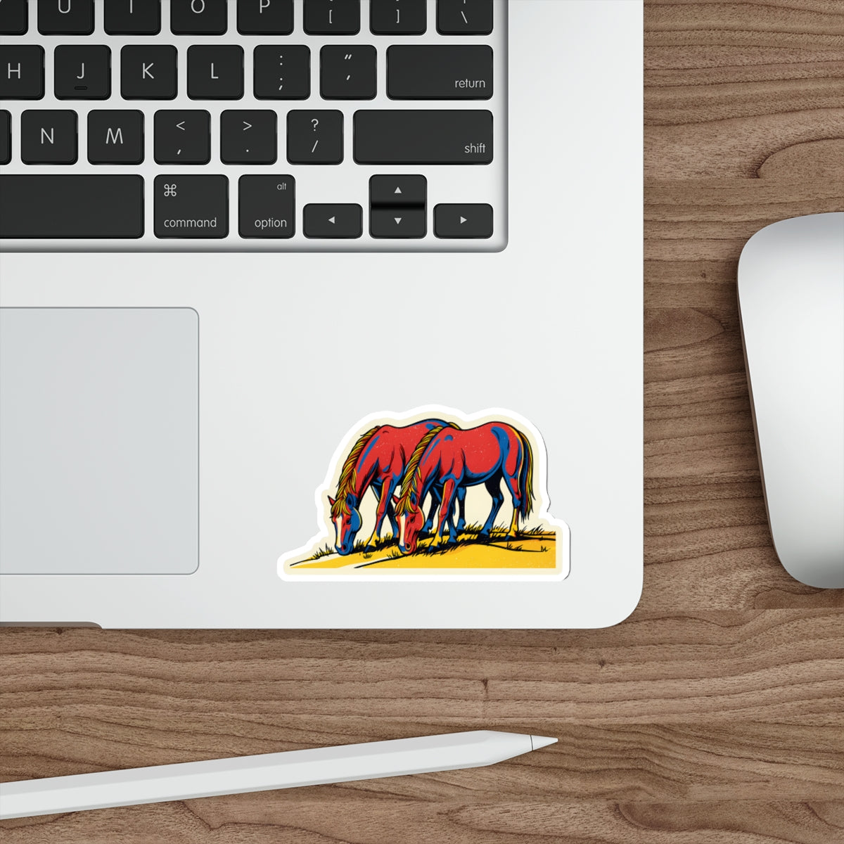 Die-Cut Wild Horse Sticker — Retro Red Grazing Horses Vinyl Decal